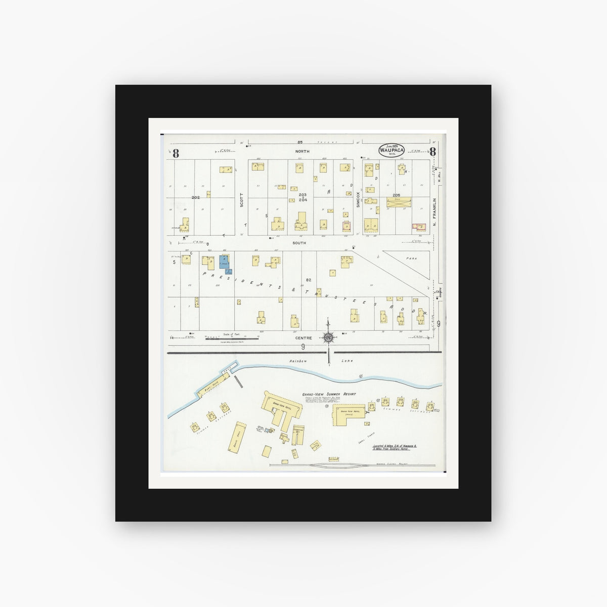 Old map wall art mockup — black gallery frame with white mat — Sanborn Fire Insurance Map from Waupaca, Waupaca County, Wisconsin (1924), Sheet #0008