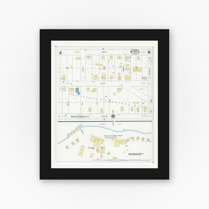 Old map wall art mockup — black gallery frame with white mat — Sanborn Fire Insurance Map from Waupaca, Waupaca County, Wisconsin (1924), Sheet #0008