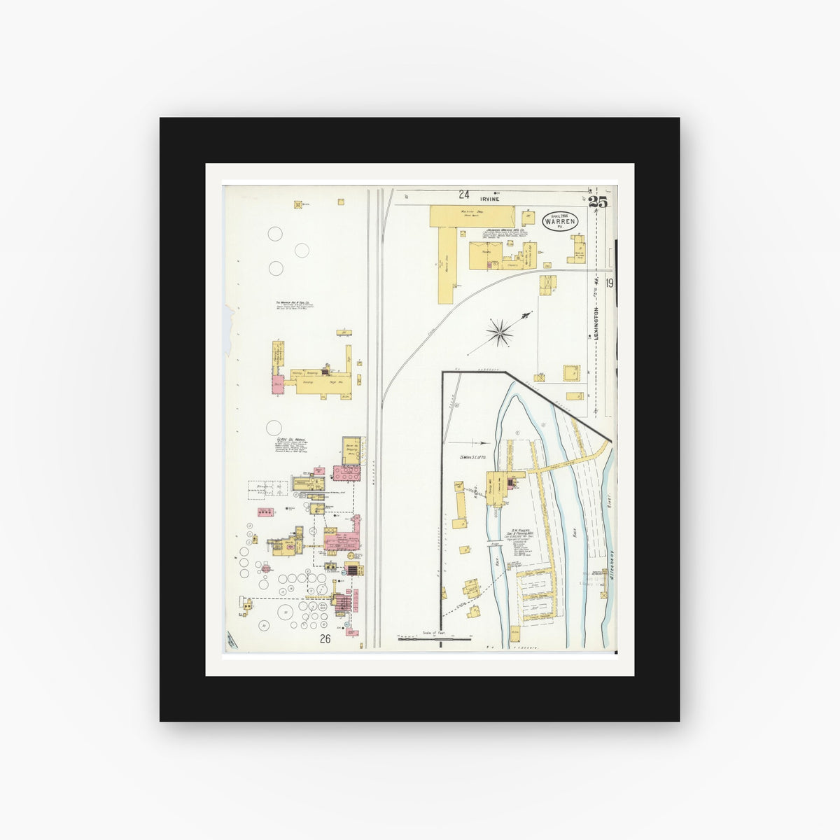 Old map wall art mockup — black gallery frame with white mat — Sanborn Fire Insurance Map from Warren, Warren County, Pennsylvania (1904), Sheet #0025