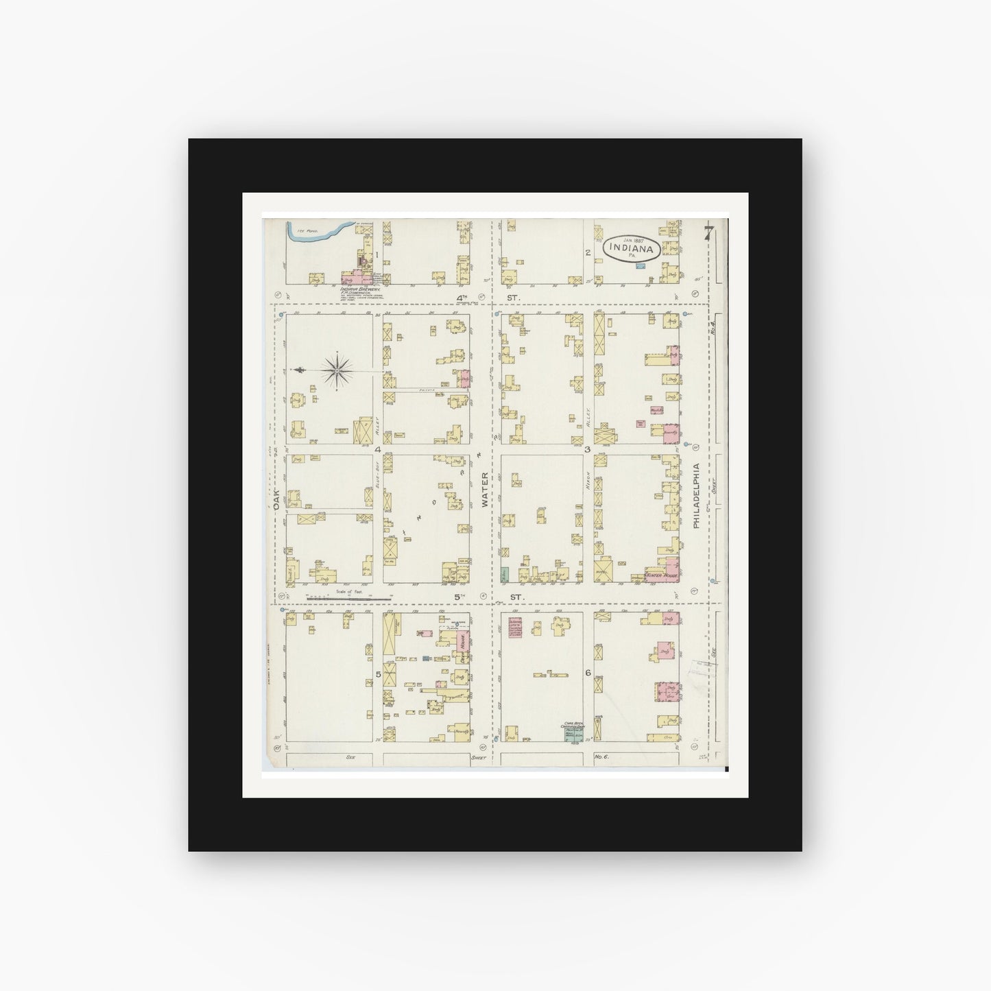 Old map wall art mockup — black gallery frame with white mat — Sanborn Fire Insurance Map from Indiana, Indiana County, Pennsylvania (1887), Sheet #0007