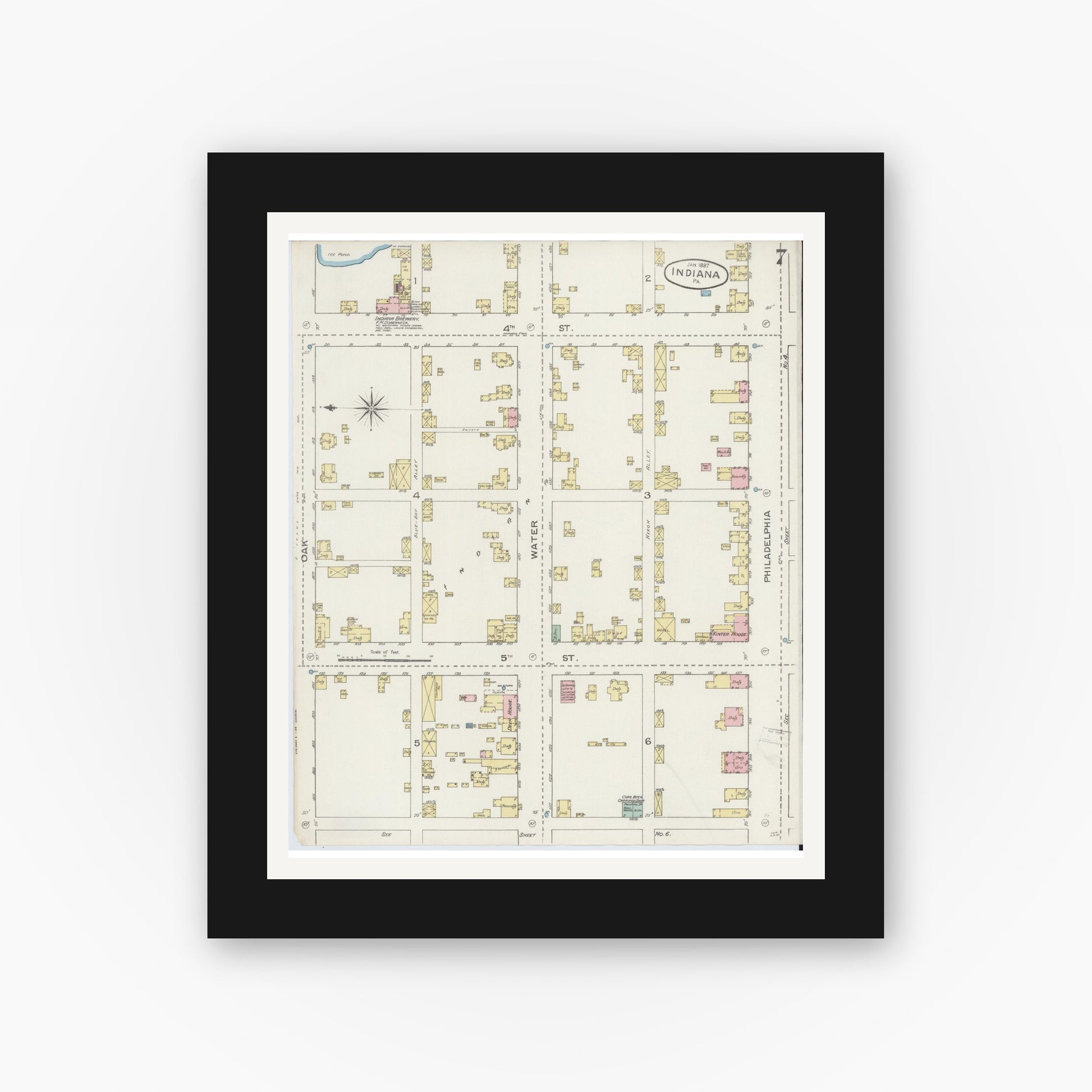 Old map wall art mockup — black gallery frame with white mat — Sanborn Fire Insurance Map from Indiana, Indiana County, Pennsylvania (1887), Sheet #0007