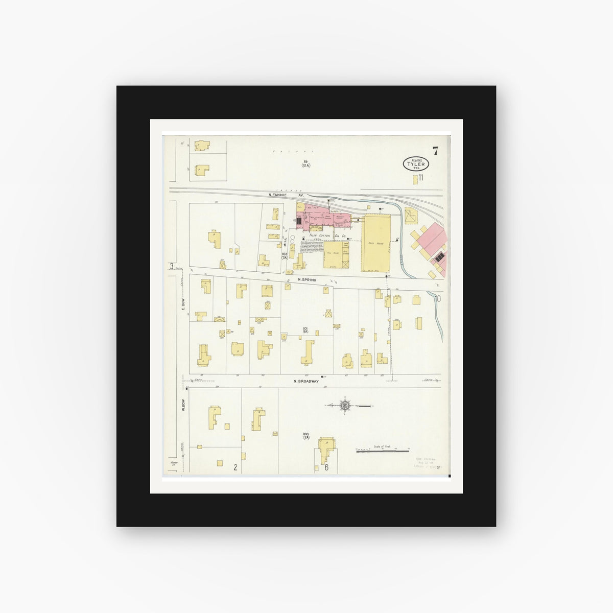 Old map wall art mockup — black gallery frame with white mat — Sanborn Fire Insurance Map from Tyler, Smith County, Texas (1912), Sheet #0007