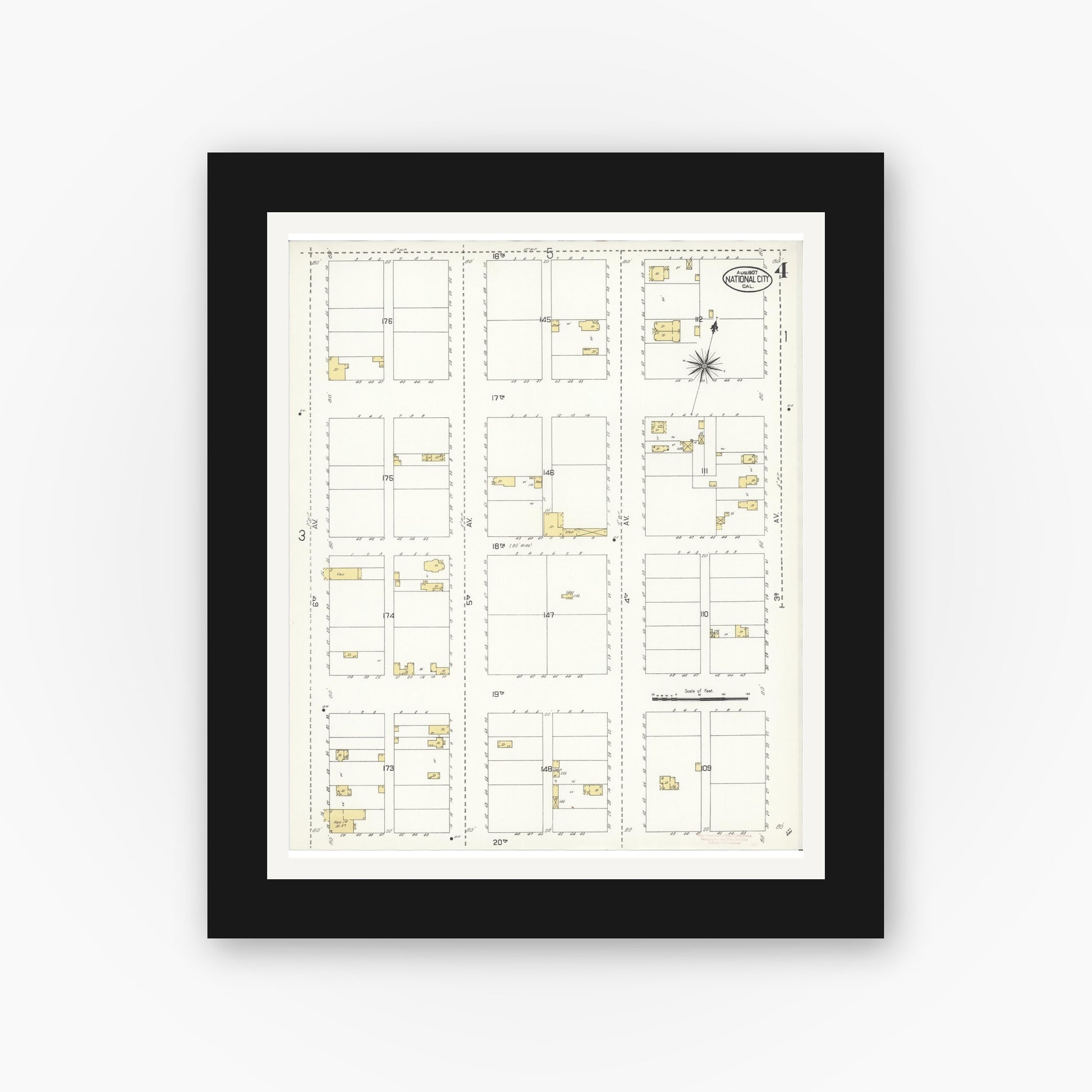 Old map wall art mockup — black gallery frame with white mat — Sanborn Fire Insurance Map from National City, San Diego County, California (1907), Sheet #0004