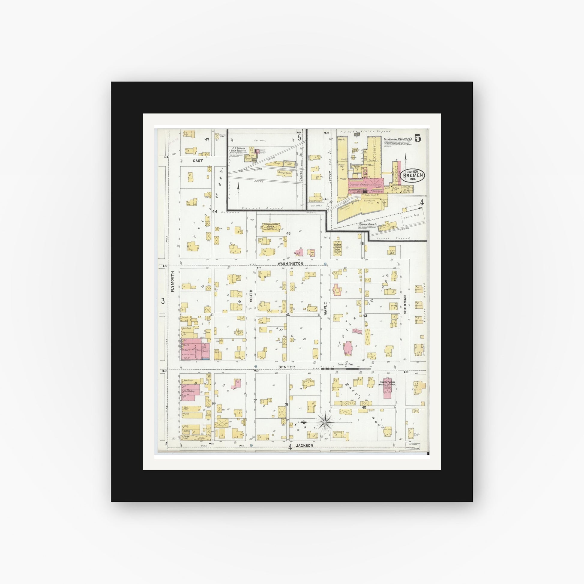 Old map wall art mockup — black gallery frame with white mat — Sanborn Fire Insurance Map from Bremen, Marshall County, Indiana (1905), Sheet #0005
