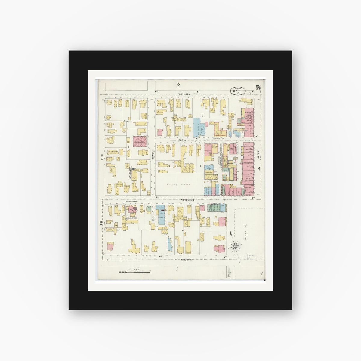 Old map wall art mockup — black gallery frame with white mat — Sanborn Fire Insurance Map from Bath, Steuben County, New York (1898), Sheet #0005