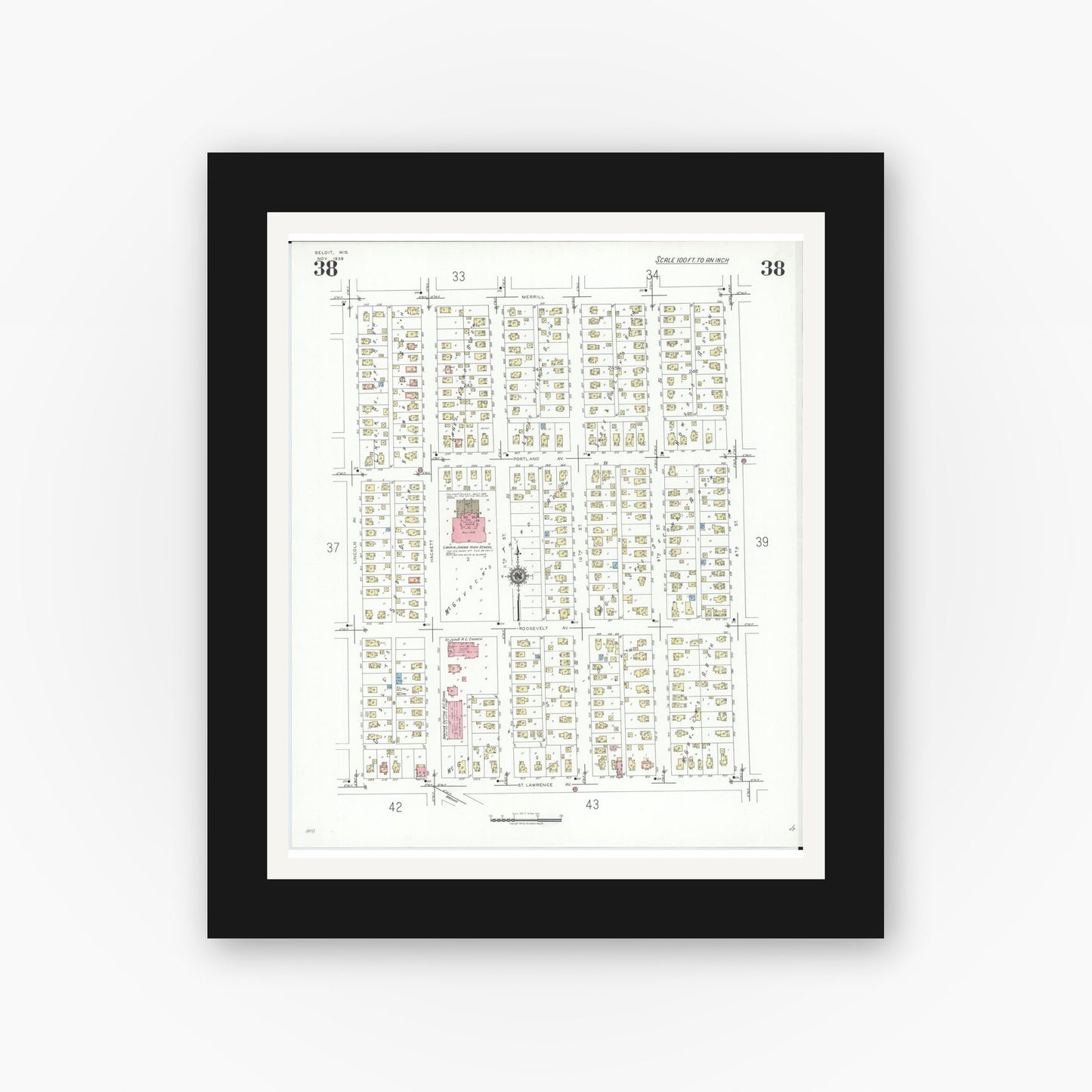 Old map wall art mockup — black gallery frame with white mat — Sanborn Fire Insurance Map from Beloit, Rock County, Wisconsin (1939), Sheet #0038