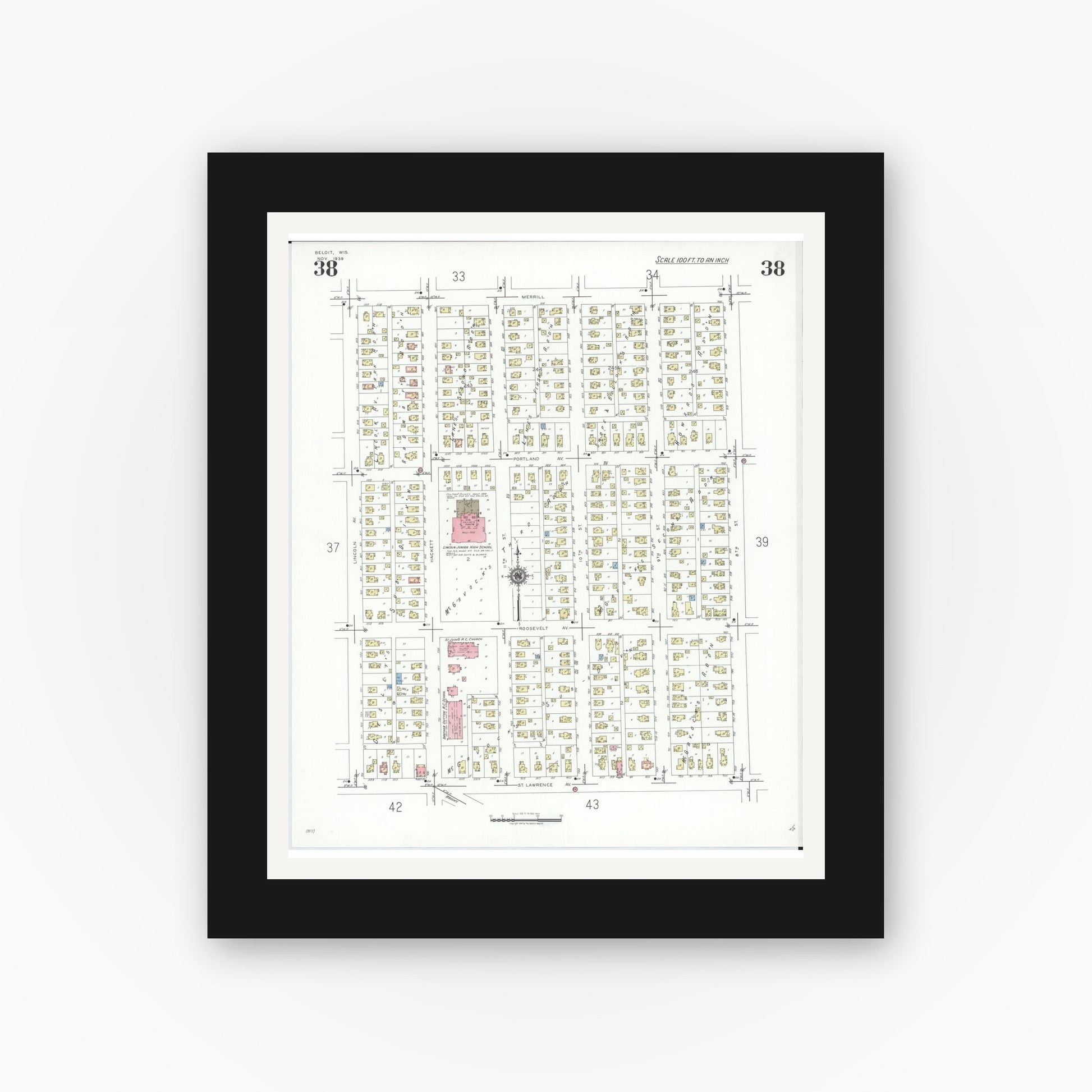 Old map wall art mockup — black gallery frame with white mat — Sanborn Fire Insurance Map from Beloit, Rock County, Wisconsin (1939), Sheet #0038