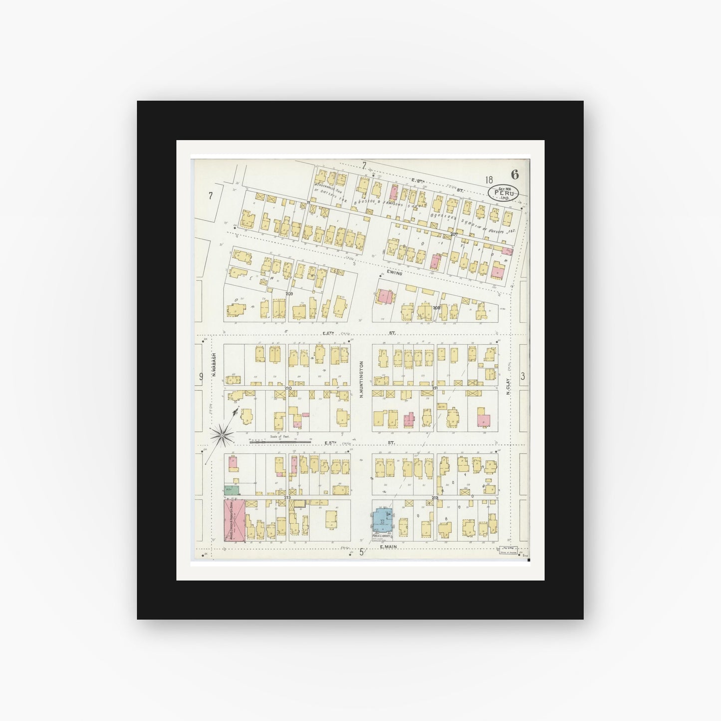 Old map wall art mockup — black gallery frame with white mat — Sanborn Fire Insurance Map from Peru, Miami County, Indiana (1906), Sheet #0006