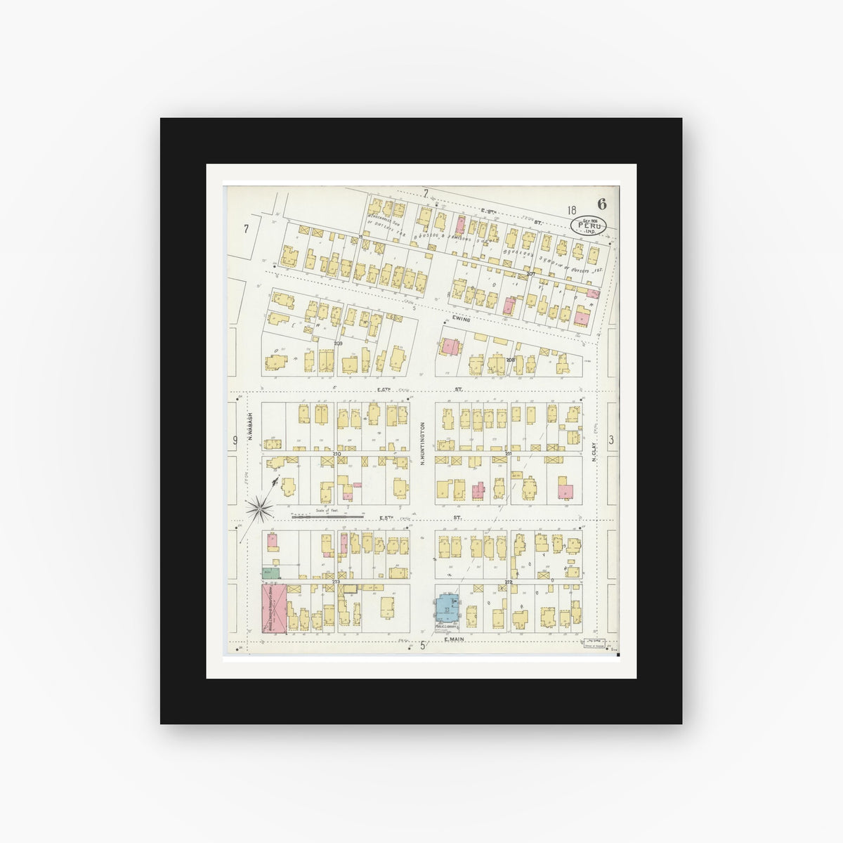 Old map wall art mockup — black gallery frame with white mat — Sanborn Fire Insurance Map from Peru, Miami County, Indiana (1906), Sheet #0006