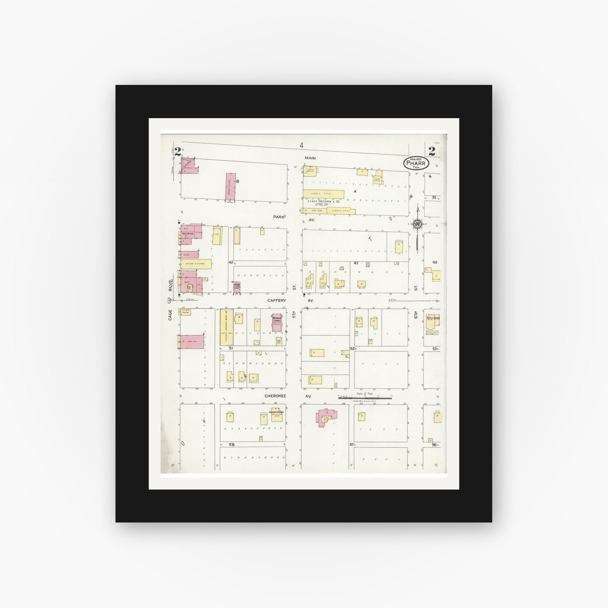 Old map wall art mockup — black gallery frame with white mat — Sanborn Fire Insurance Map from Pharr, Hidalgo County, Texas (1925), Sheet #0002