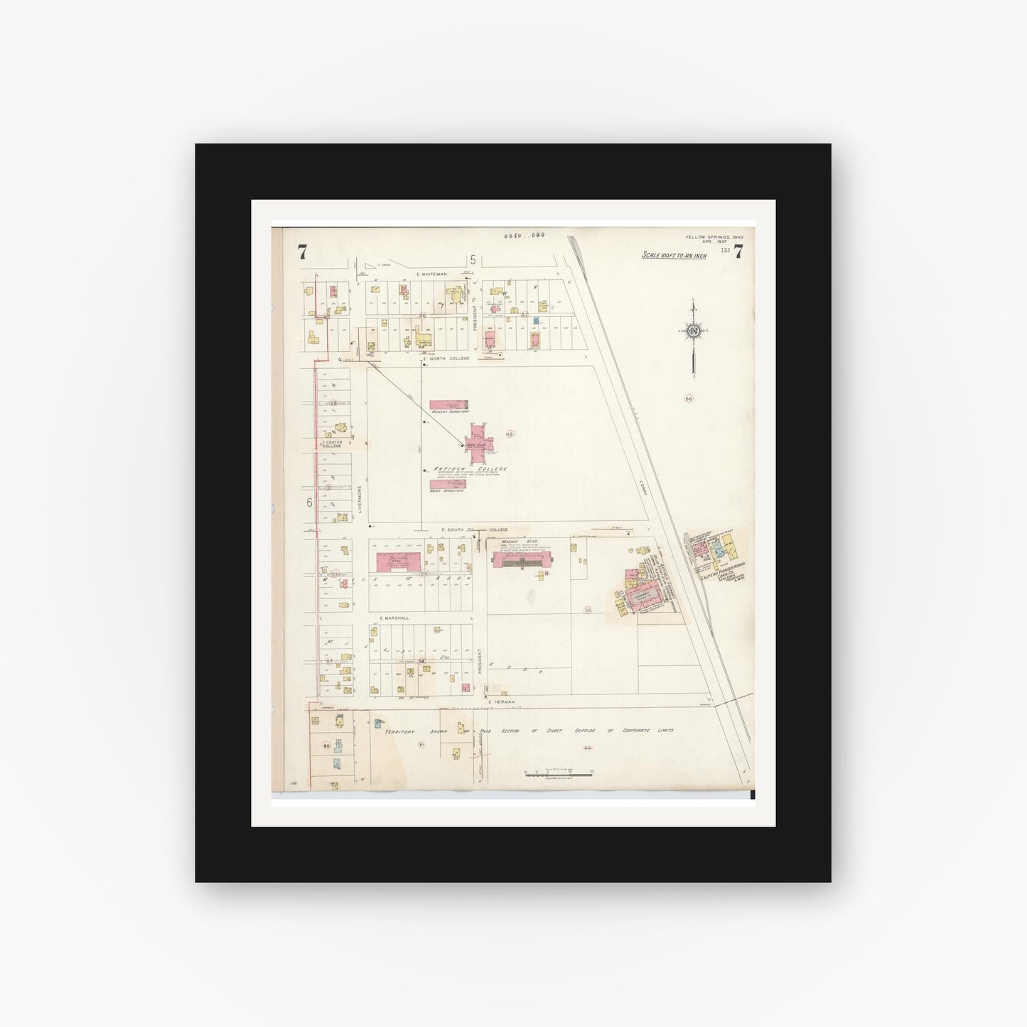 Old map wall art mockup — black gallery frame with white mat — Sanborn Fire Insurance Map from Yellow Springs, Greene County, Ohio (1945), Sheet #0007