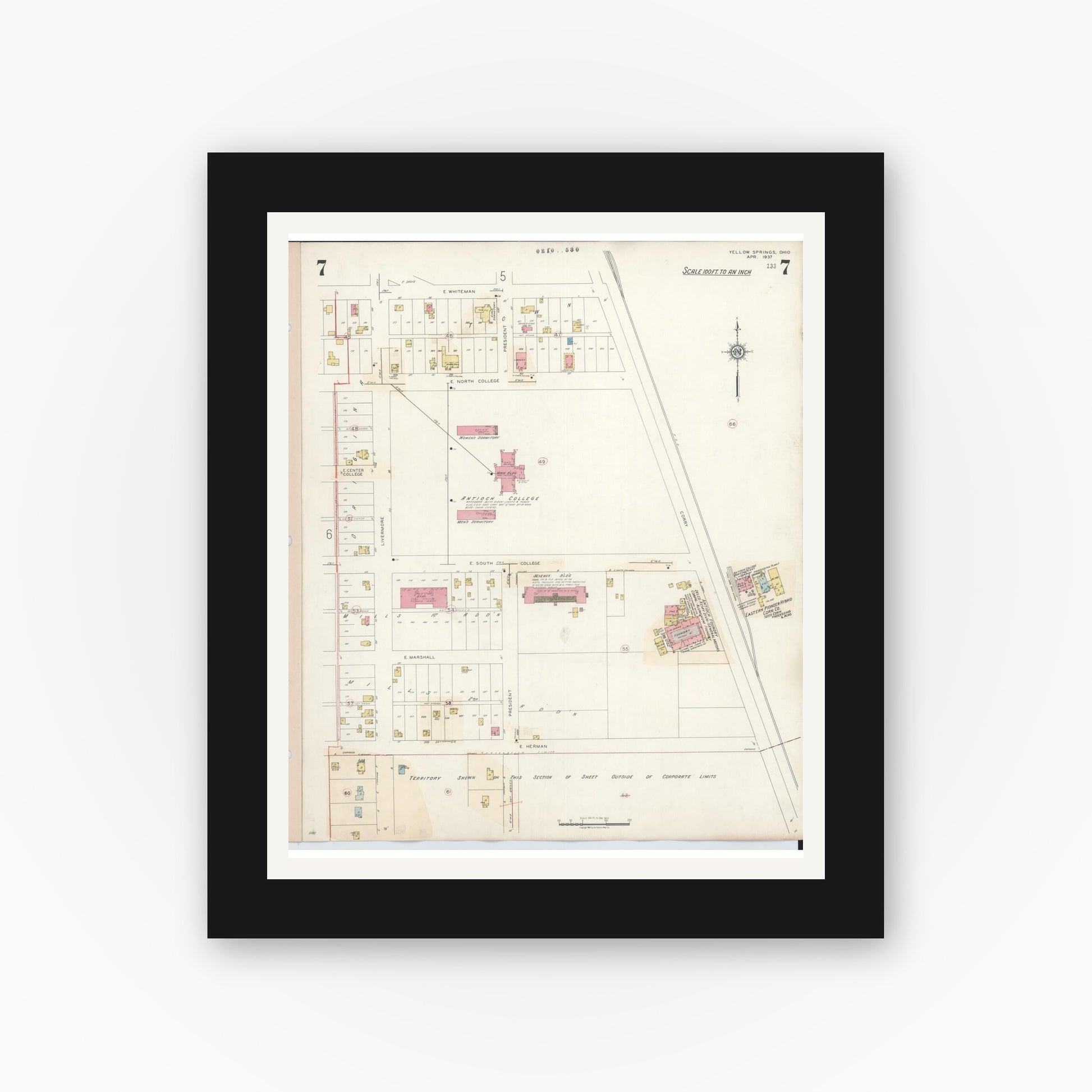 Old map wall art mockup — black gallery frame with white mat — Sanborn Fire Insurance Map from Yellow Springs, Greene County, Ohio (1945), Sheet #0007