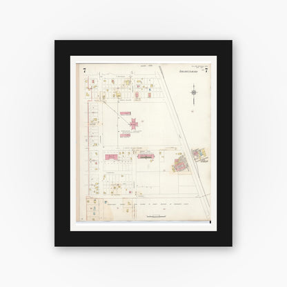 Old map wall art mockup — black gallery frame with white mat — Sanborn Fire Insurance Map from Yellow Springs, Greene County, Ohio (1945), Sheet #0007