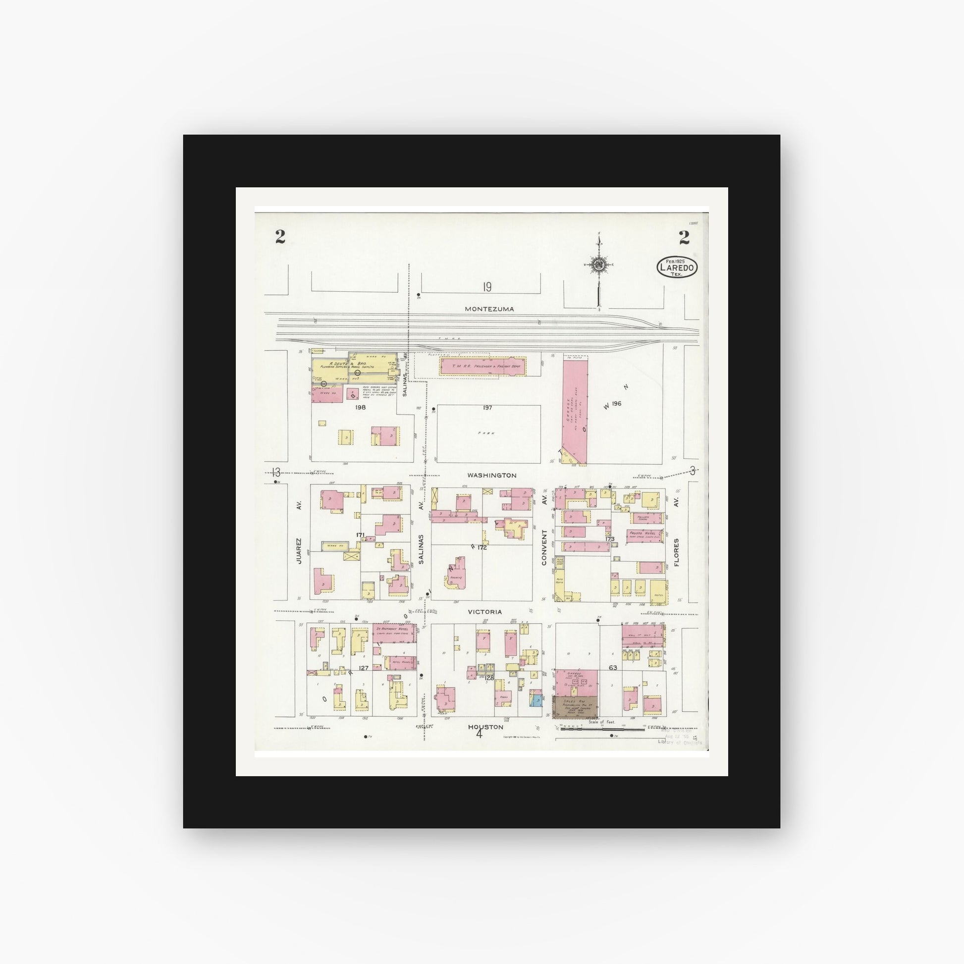 Old map wall art mockup — black gallery frame with white mat — Sanborn Fire Insurance Map from Laredo, Webb County, Texas (1925), Sheet #0002