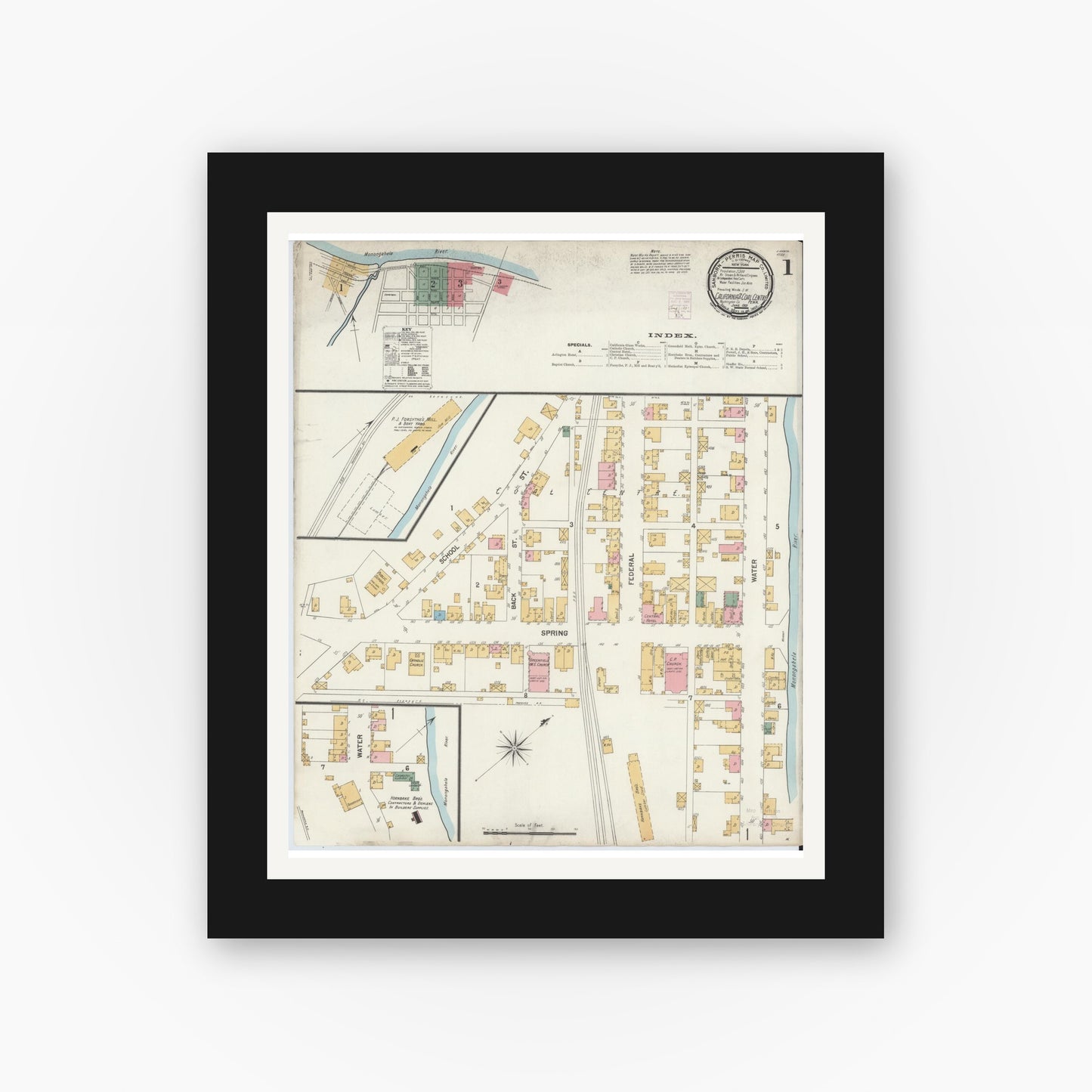 Old map wall art mockup — black gallery frame with white mat — Sanborn Fire Insurance Map from California, Washington County, Pennsylvania (1901) - Complete Map Set