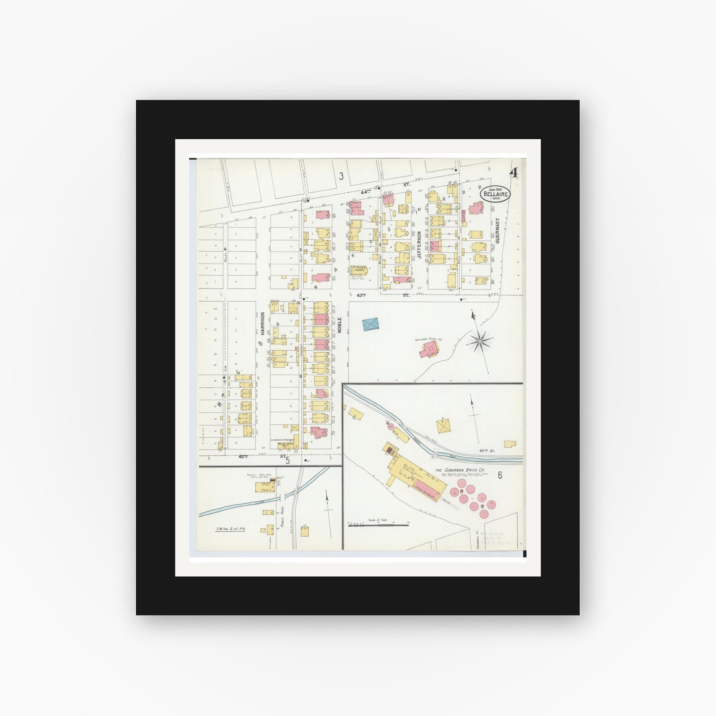 Old map wall art mockup — black gallery frame with white mat — Sanborn Fire Insurance Map from Bellaire, Belmont County, Ohio (1900), Sheet #0004