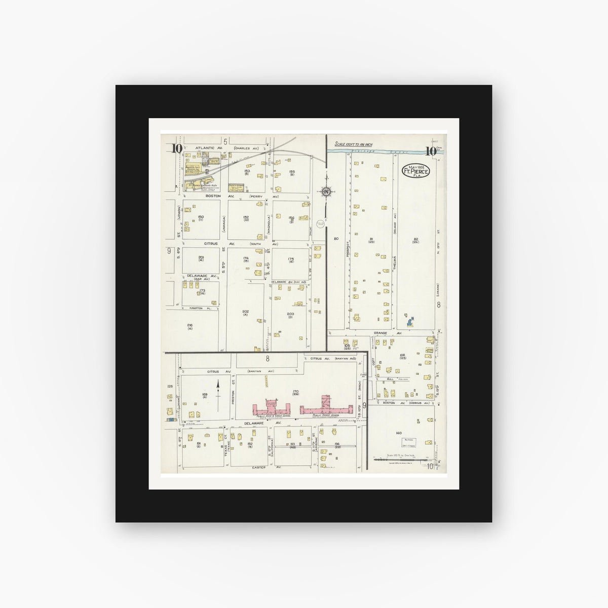Old map wall art mockup — black gallery frame with white mat — Sanborn Fire Insurance Map from Fort Pierce, St Lucie County, Florida (1924), Sheet #0010