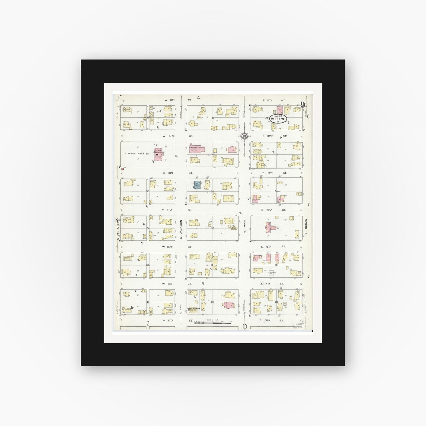 Old map wall art mockup — black gallery frame with white mat — Sanborn Fire Insurance Map from Auburn, De Kalb County, Indiana (1914), Sheet #0009