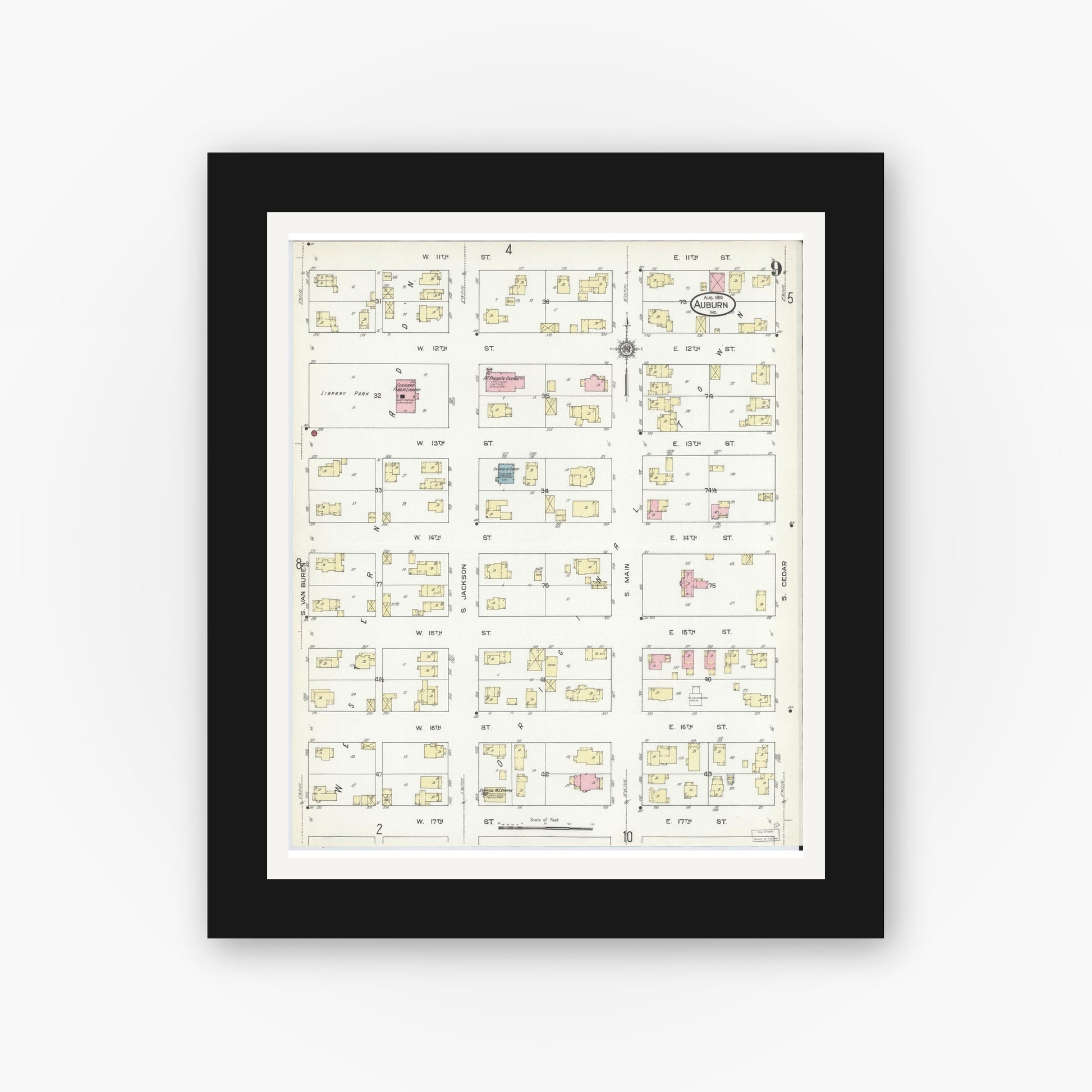 Old map wall art mockup — black gallery frame with white mat — Sanborn Fire Insurance Map from Auburn, De Kalb County, Indiana (1914), Sheet #0009