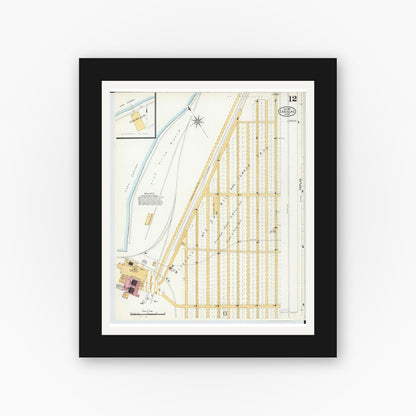 Old map wall art mockup — black gallery frame with white mat — Sanborn Fire Insurance Map from Cadillac, Wexford County, Michigan (1906), Sheet #0012