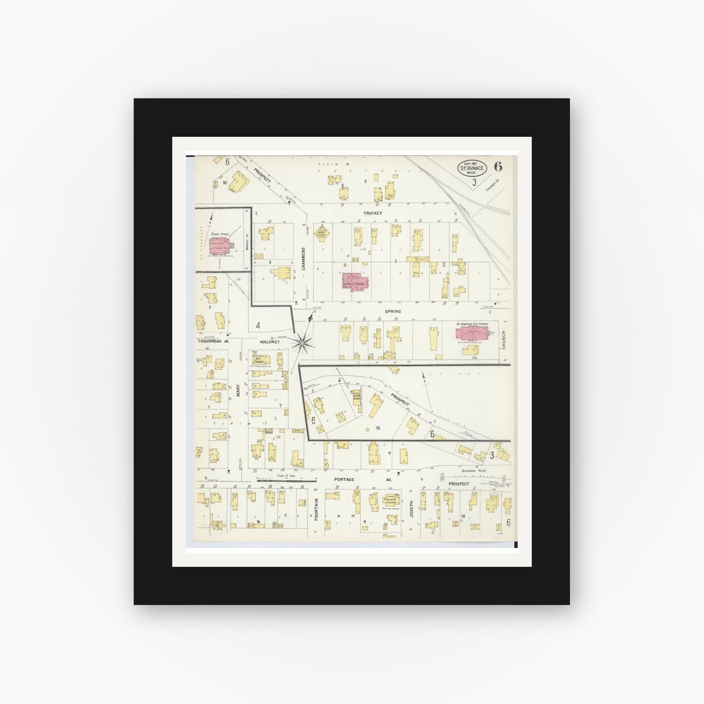 Old map wall art mockup — black gallery frame with white mat — Sanborn Fire Insurance Map from Saint Ignace, Mackinac County, Michigan (1907), Sheet #0006