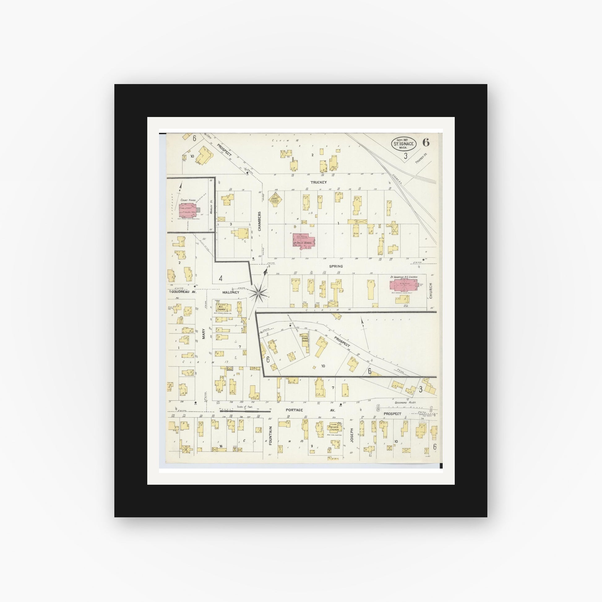 Old map wall art mockup — black gallery frame with white mat — Sanborn Fire Insurance Map from Saint Ignace, Mackinac County, Michigan (1907), Sheet #0006