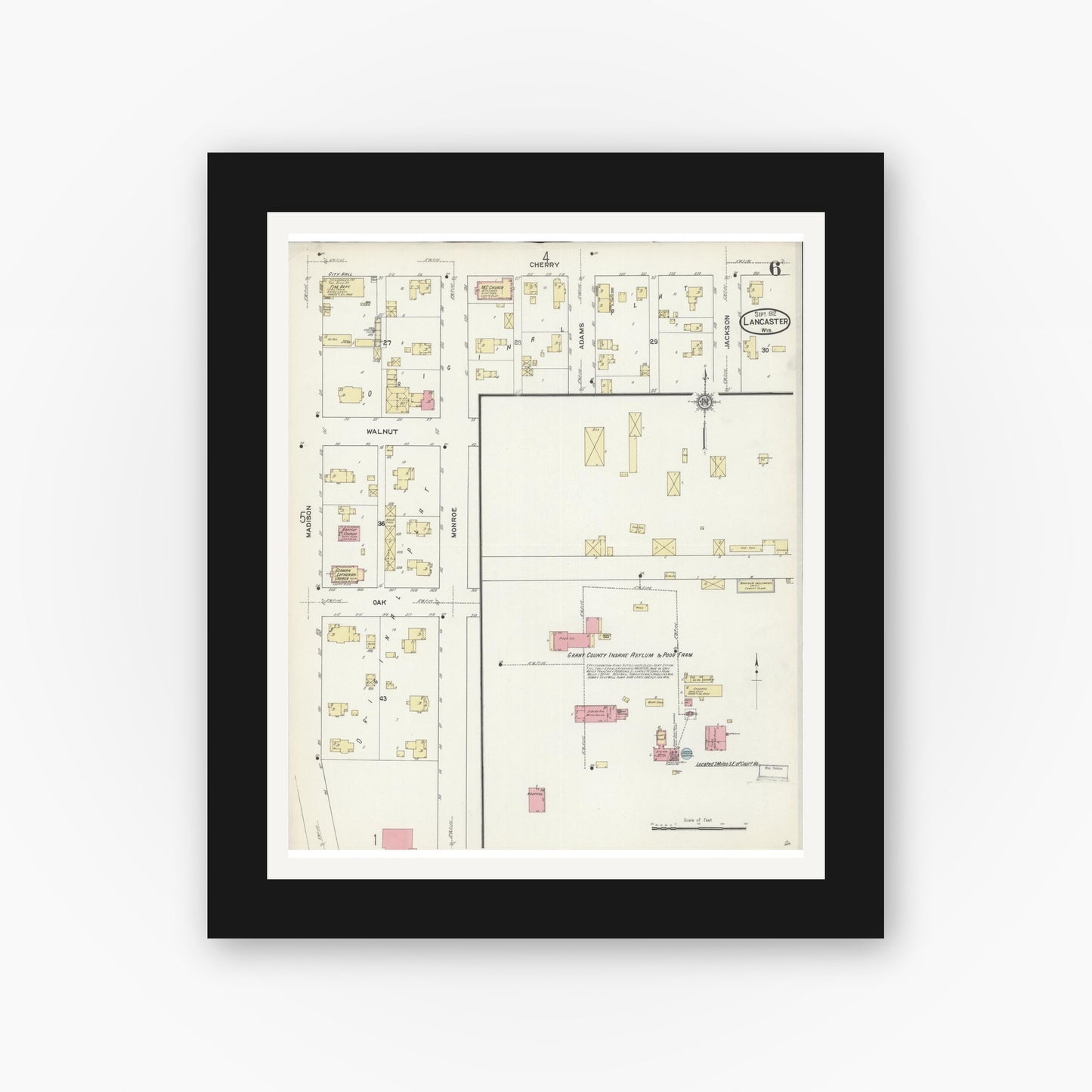 Old map wall art mockup — black gallery frame with white mat — Sanborn Fire Insurance Map from Lancaster, Grant County, Wisconsin (1912), Sheet #0006