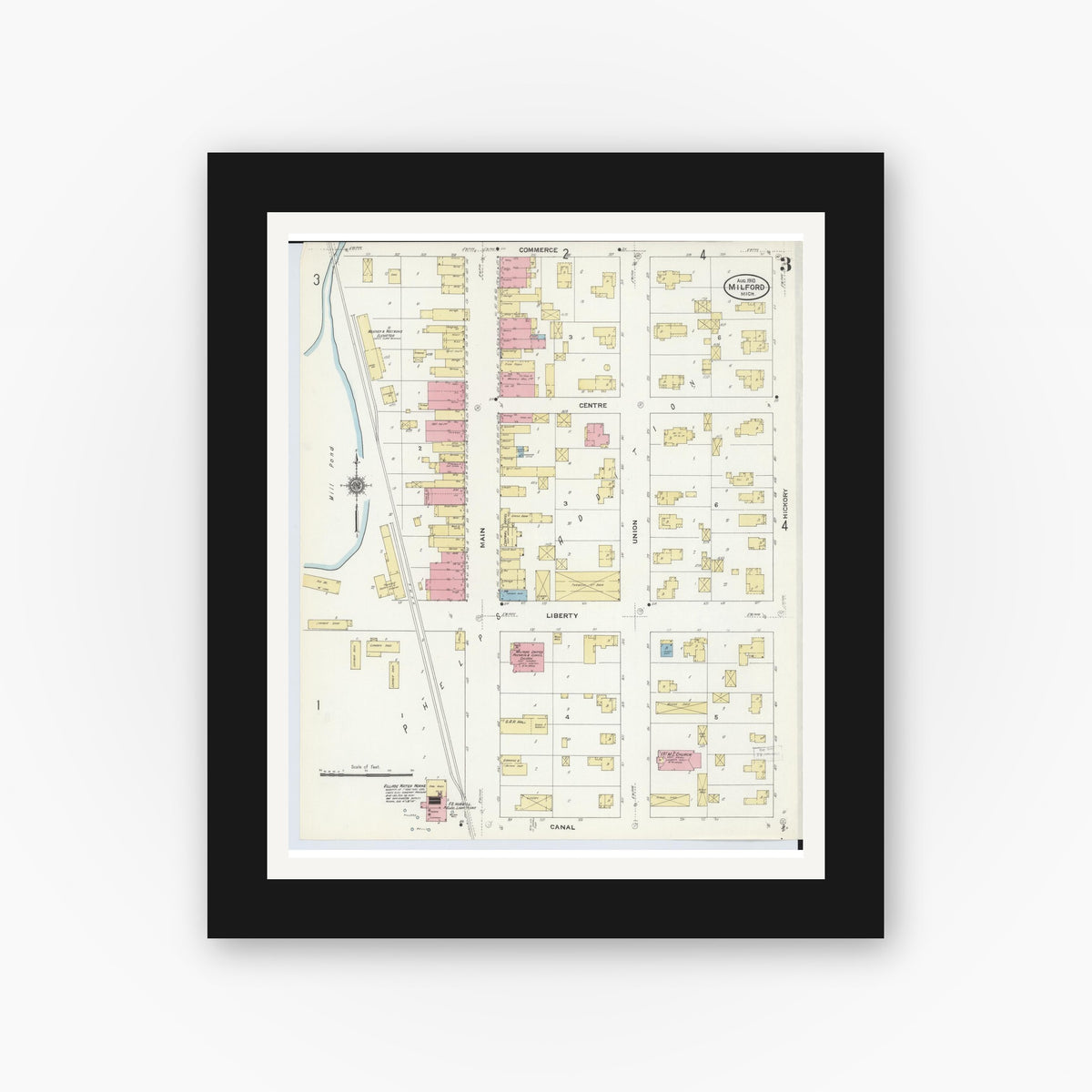 Old map wall art mockup — black gallery frame with white mat — Sanborn Fire Insurance Map from Milford, Oakland County, Michigan (1910), Sheet #0003