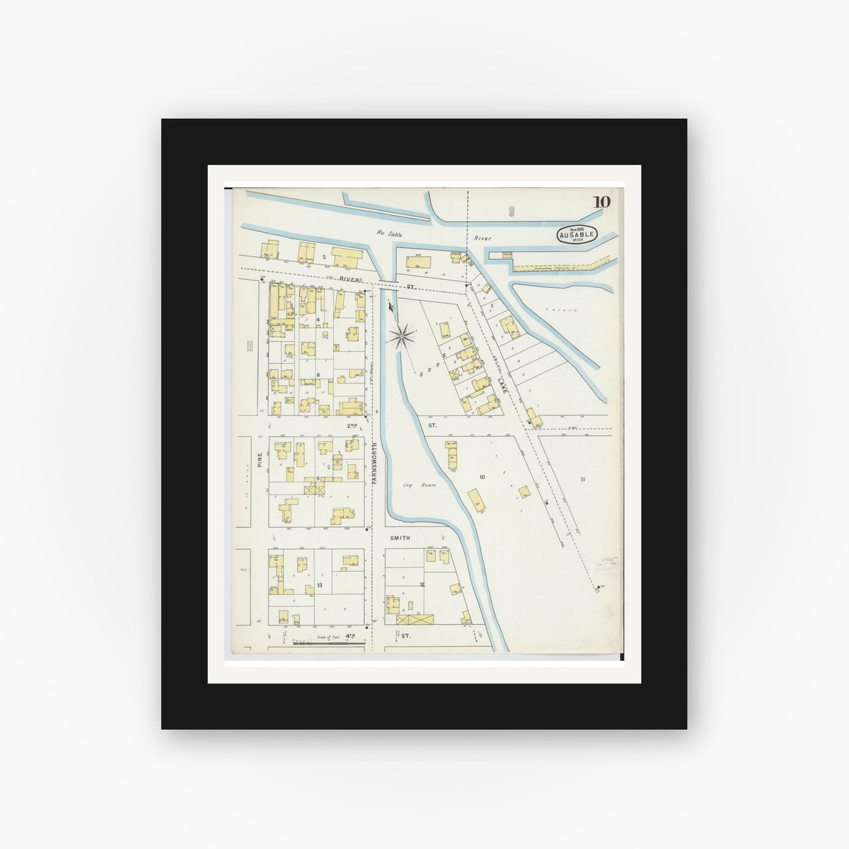 Old map wall art mockup — black gallery frame with white mat — Sanborn Fire Insurance Map from Oscoda, Iosco County, Michigan (1895), Sheet #0010