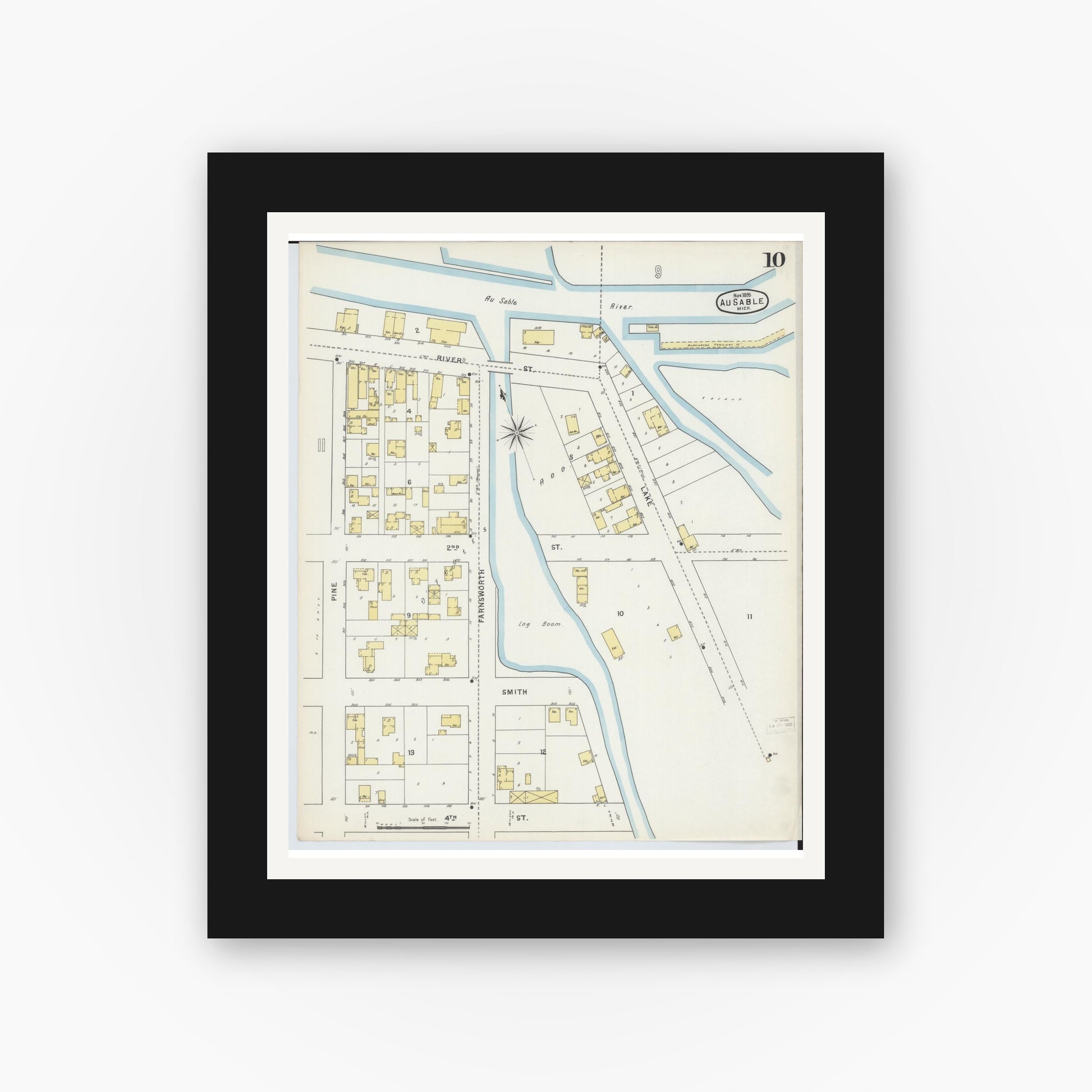 Old map wall art mockup — black gallery frame with white mat — Sanborn Fire Insurance Map from Oscoda, Iosco County, Michigan (1895), Sheet #0010