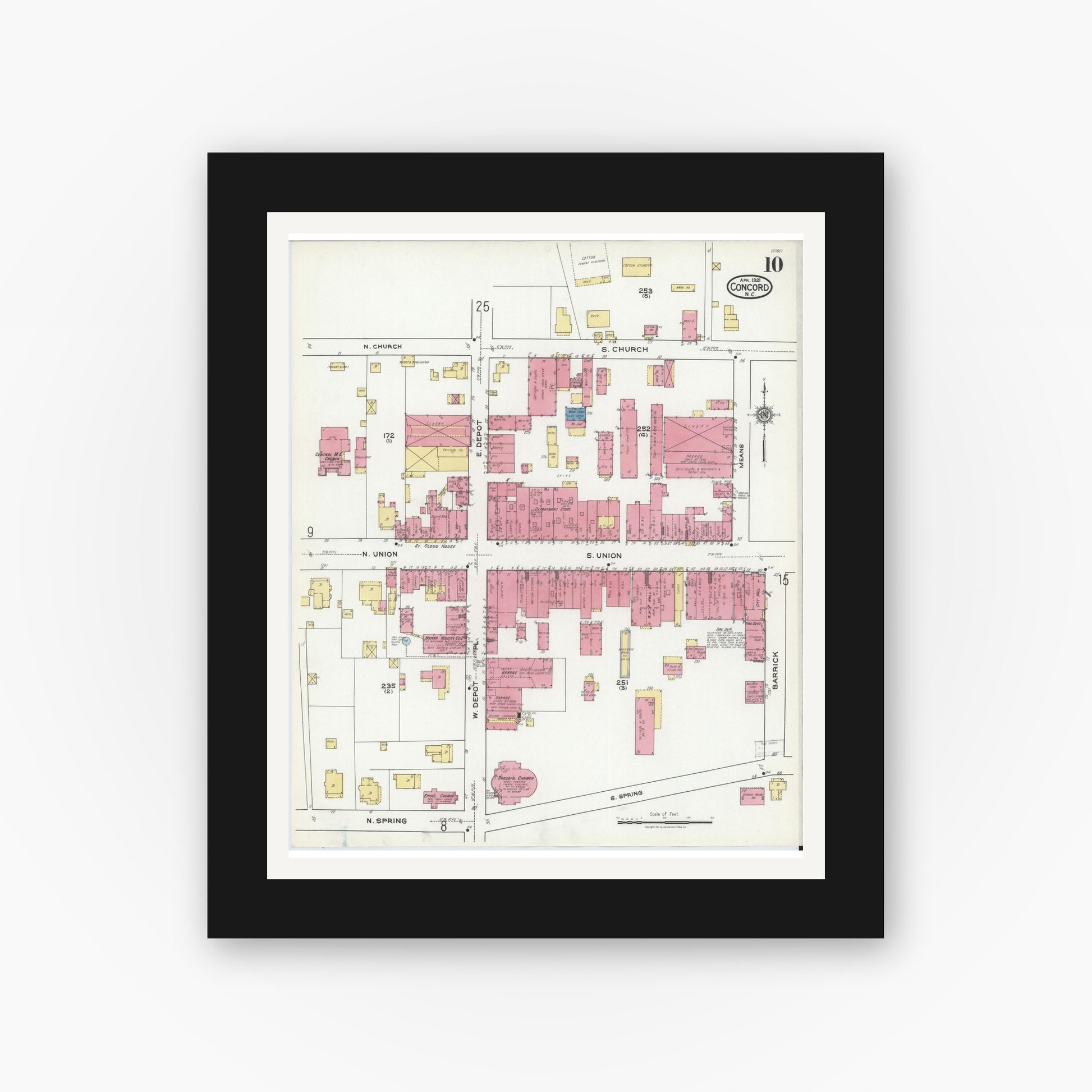 Old map wall art mockup — black gallery frame with white mat — Sanborn Fire Insurance Map from Concord, Cabarrus County, North Carolina (1921), Sheet #0010