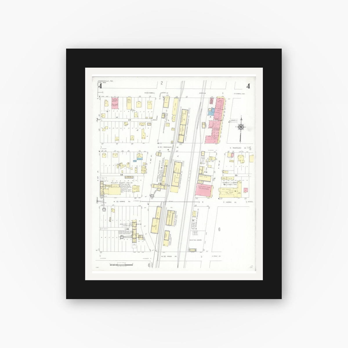 Old map wall art mockup — black gallery frame with white mat — Sanborn Fire Insurance Map from Raymondville, Willacy County, Texas (1948), Sheet #0004