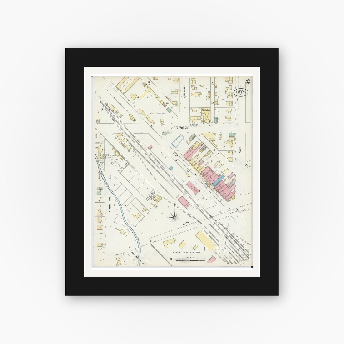 Old map wall art mockup — black gallery frame with white mat — Sanborn Fire Insurance Map from Amboy, Lee County, Illinois (1897), Sheet #0002