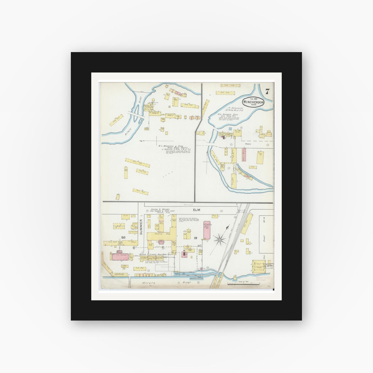 Old map wall art mockup — black gallery frame with white mat — Sanborn Fire Insurance Map from Winchendon, Worcester County, Massachusetts (1892), Sheet #0007