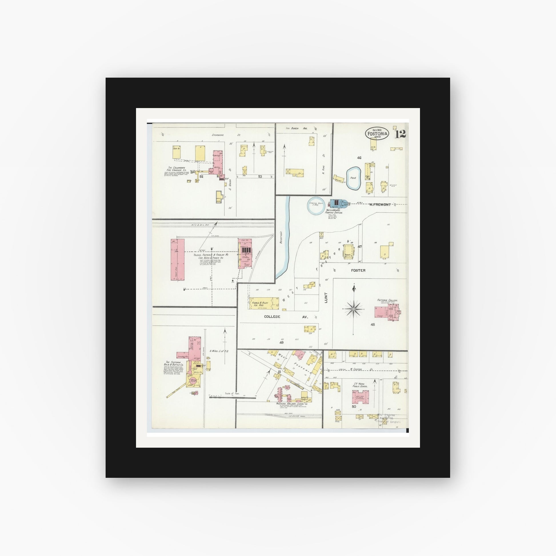 Old map wall art mockup — black gallery frame with white mat — Sanborn Fire Insurance Map from Fostoria, Seneca, Hancock, And Wood Counties, Ohio (1901), Sheet #0012