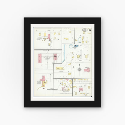Old map wall art mockup — black gallery frame with white mat — Sanborn Fire Insurance Map from Fostoria, Seneca, Hancock, And Wood Counties, Ohio (1901), Sheet #0012