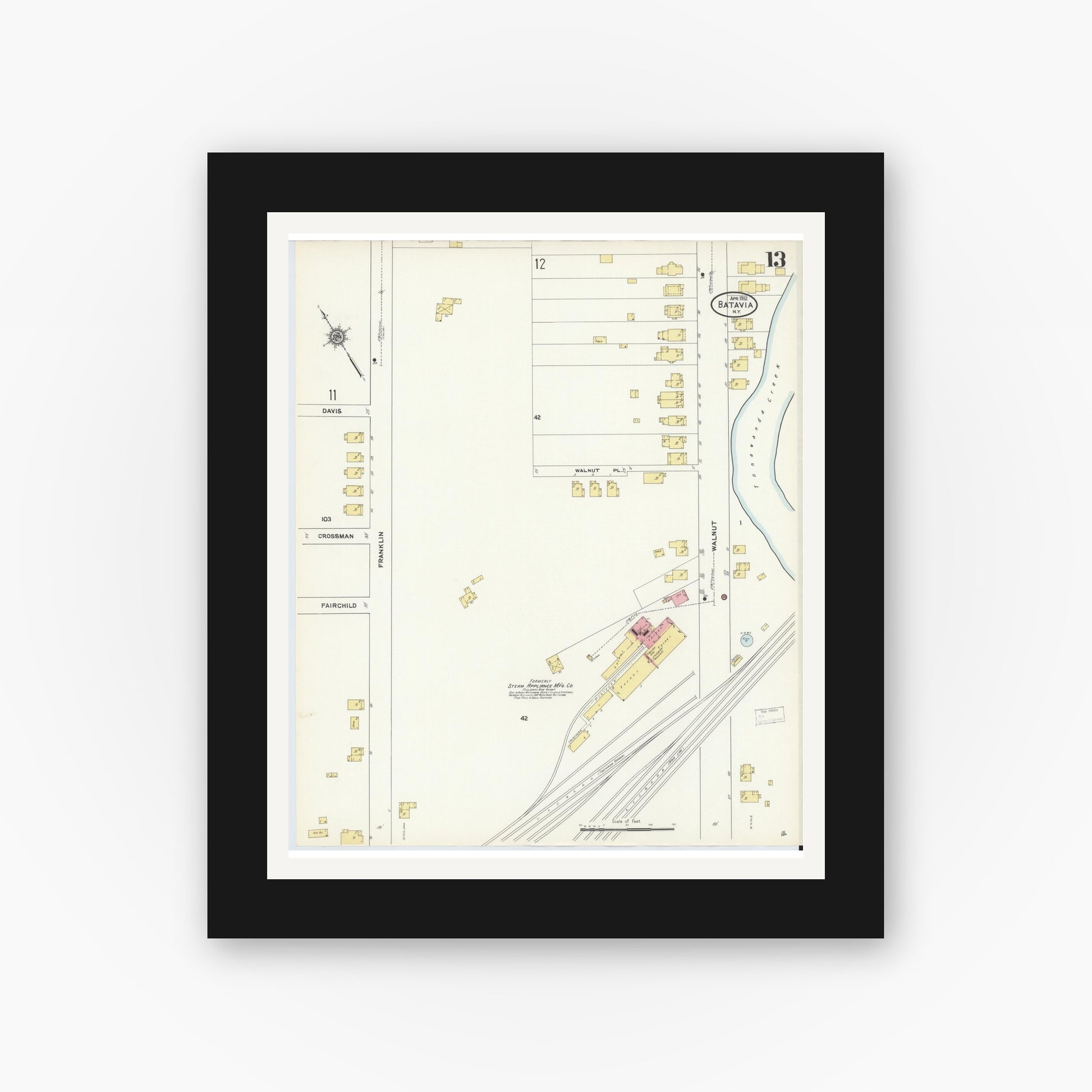 Old map wall art mockup — black gallery frame with white mat — Sanborn Fire Insurance Map from Batavia, Genesee County, New York (1912), Sheet #0013