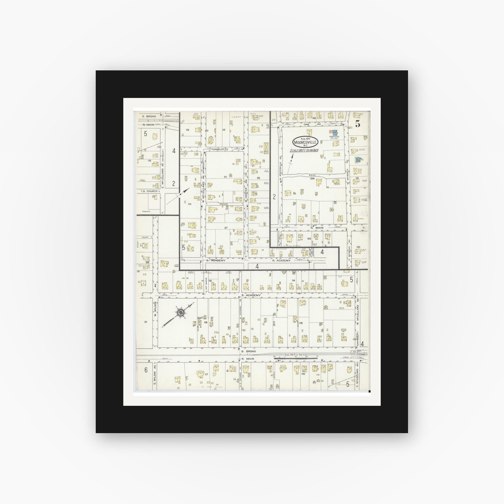 Old map wall art mockup — black gallery frame with white mat — Sanborn Fire Insurance Map from Mooresville, Iredell County, North Carolina (1914), Sheet #0005