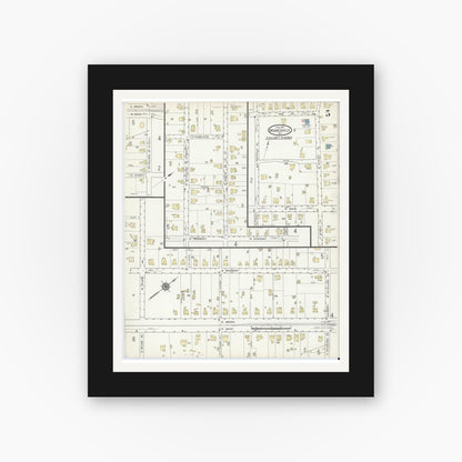 Old map wall art mockup — black gallery frame with white mat — Sanborn Fire Insurance Map from Mooresville, Iredell County, North Carolina (1914), Sheet #0005