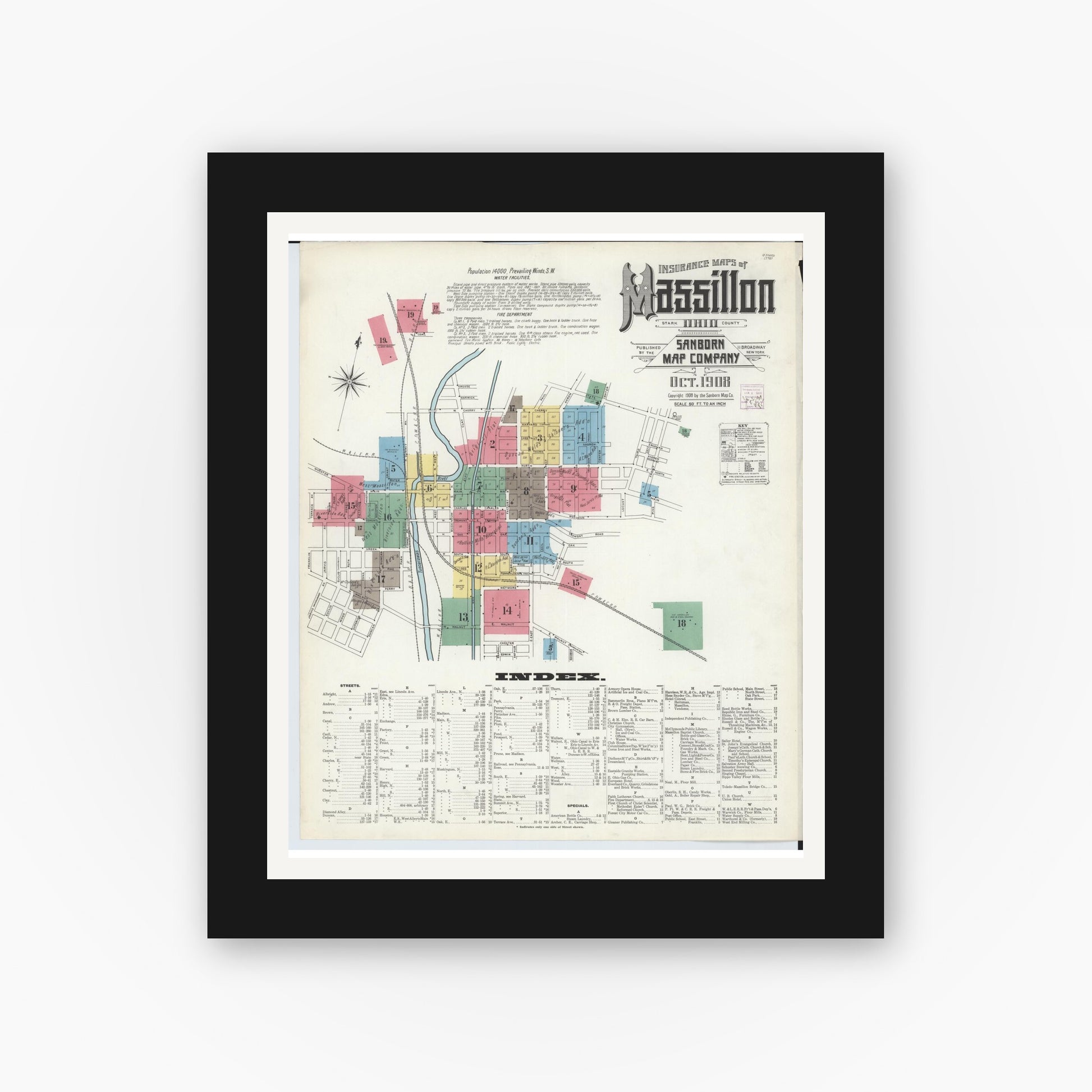 Old map wall art mockup — black gallery frame with white mat — Sanborn Fire Insurance Map from Massillon, Stark County, Ohio (1908), Sheet #0001