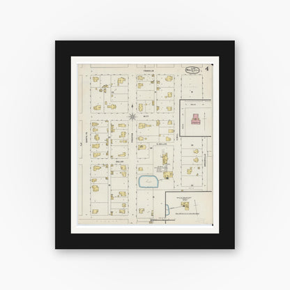 Old map wall art mockup — black gallery frame with white mat — Sanborn Fire Insurance Map from Wolfe City, Hunt County, Texas (1896), Sheet #0004