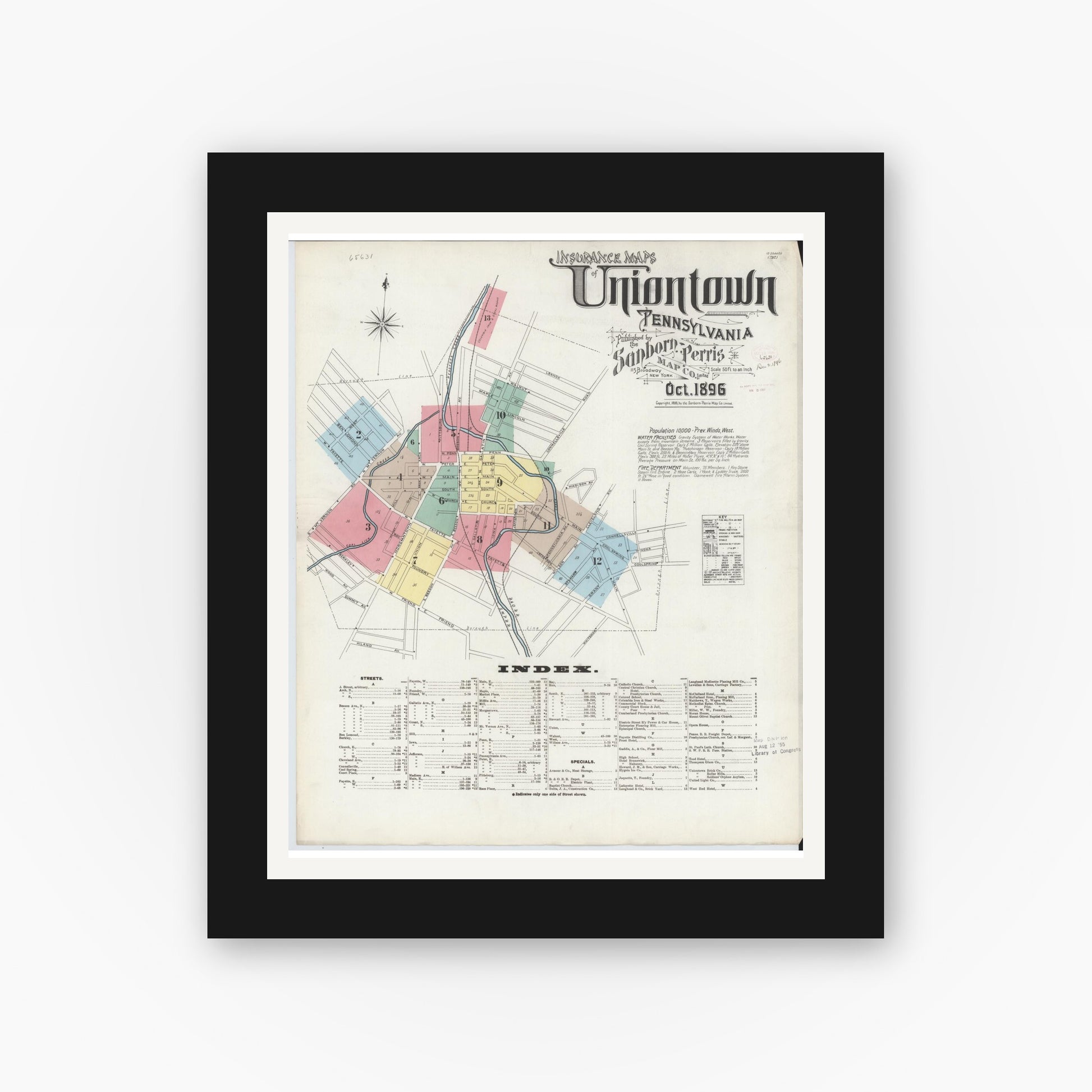 Old map wall art mockup — black gallery frame with white mat — Sanborn Fire Insurance Map from Uniontown, Fayette County, Pennsylvania (1896) - Complete Map Set