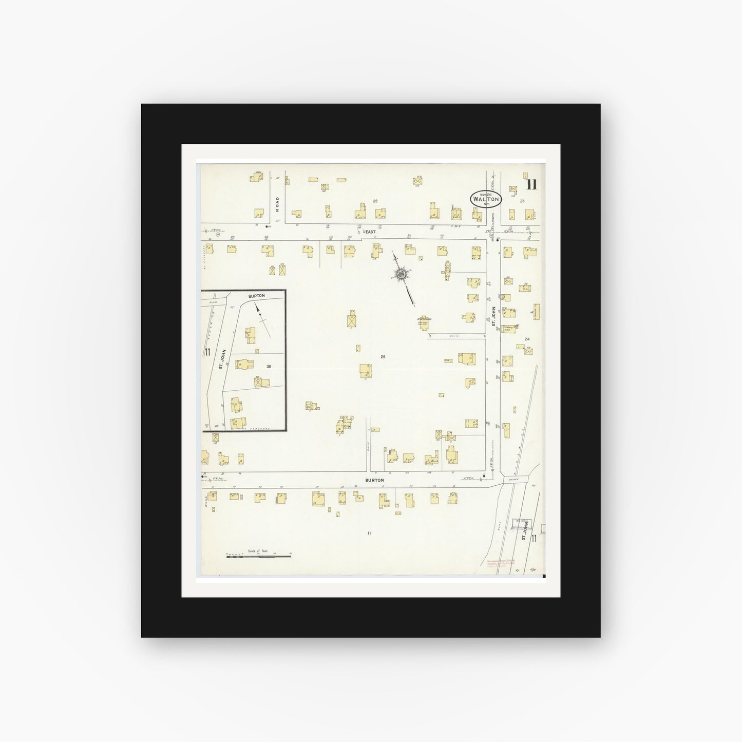 Old map wall art mockup — black gallery frame with white mat — Sanborn Fire Insurance Map from Walton, Delaware County, New York (1911), Sheet #0011