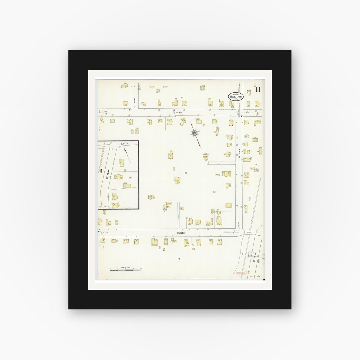 Old map wall art mockup — black gallery frame with white mat — Sanborn Fire Insurance Map from Walton, Delaware County, New York (1911), Sheet #0011