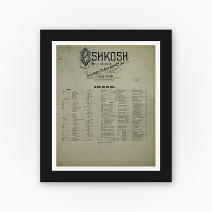 Old map wall art mockup — black gallery frame with white mat — Sanborn Fire Insurance Map from Oshkosh, Winnebago County, Wisconsin (1890), Sheet #0001