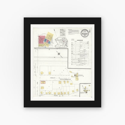 Old map wall art mockup — black gallery frame with white mat — Sanborn Fire Insurance Map from Rogers, Bell County, Texas (1921), Sheet #0001