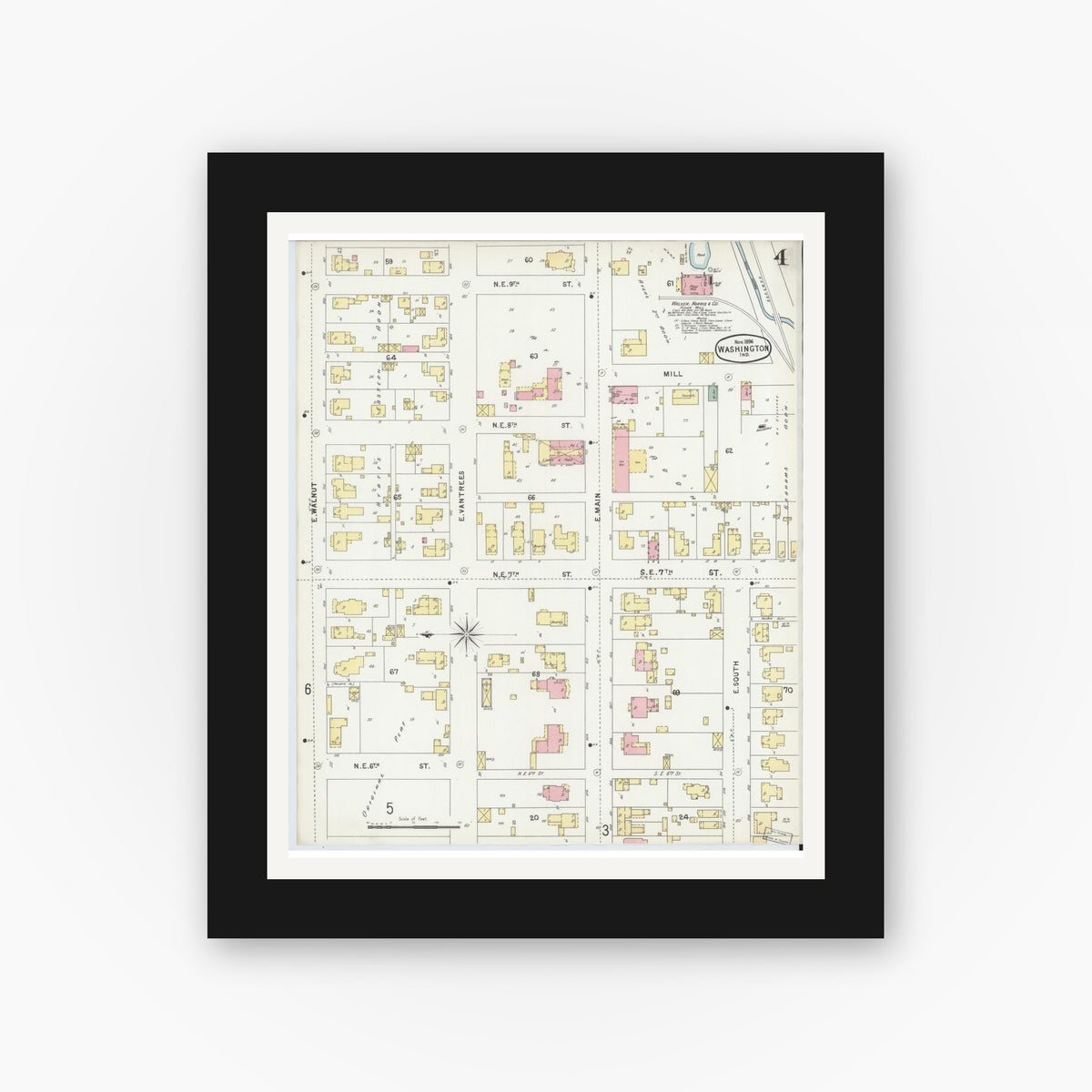 Old map wall art mockup — black gallery frame with white mat — Sanborn Fire Insurance Map from Washington, Daviess County, Indiana (1896), Sheet #0004
