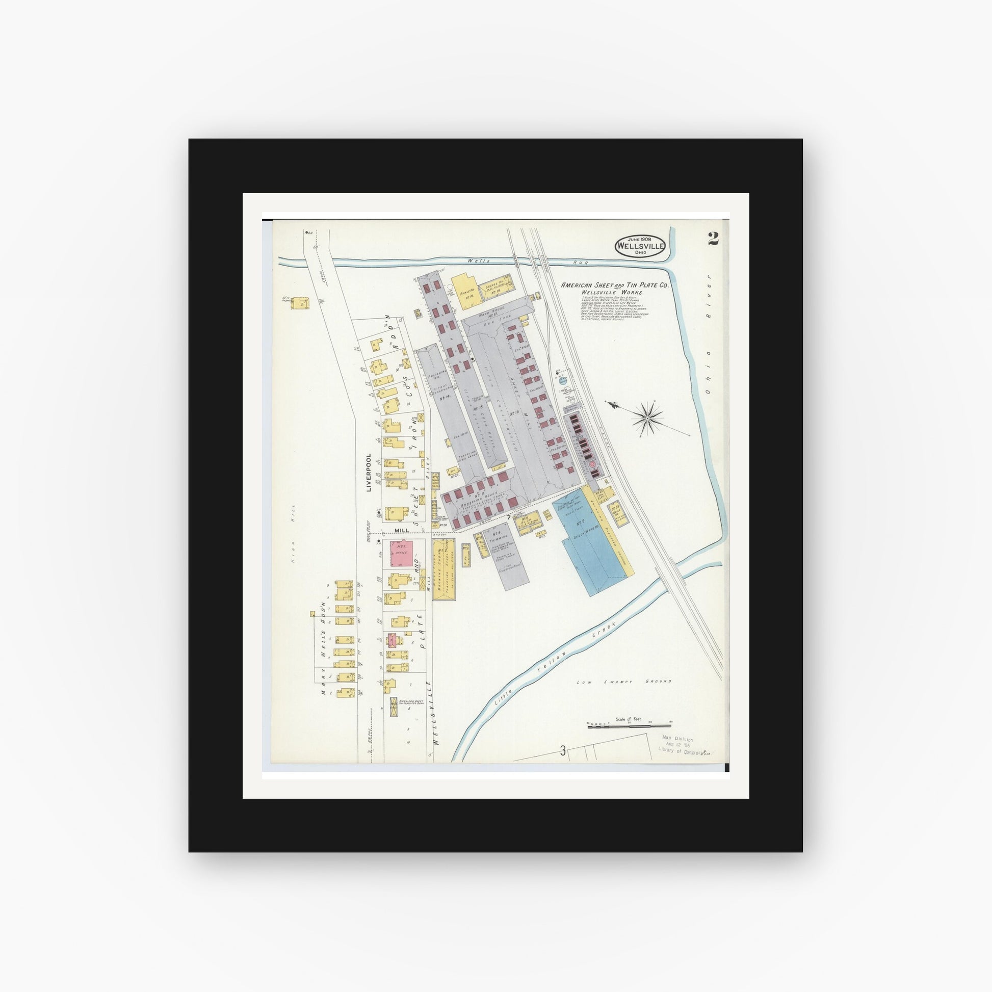 Old map wall art mockup — black gallery frame with white mat — Sanborn Fire Insurance Map from Wellsville, Columbiana County, Ohio (1908), Sheet #0002