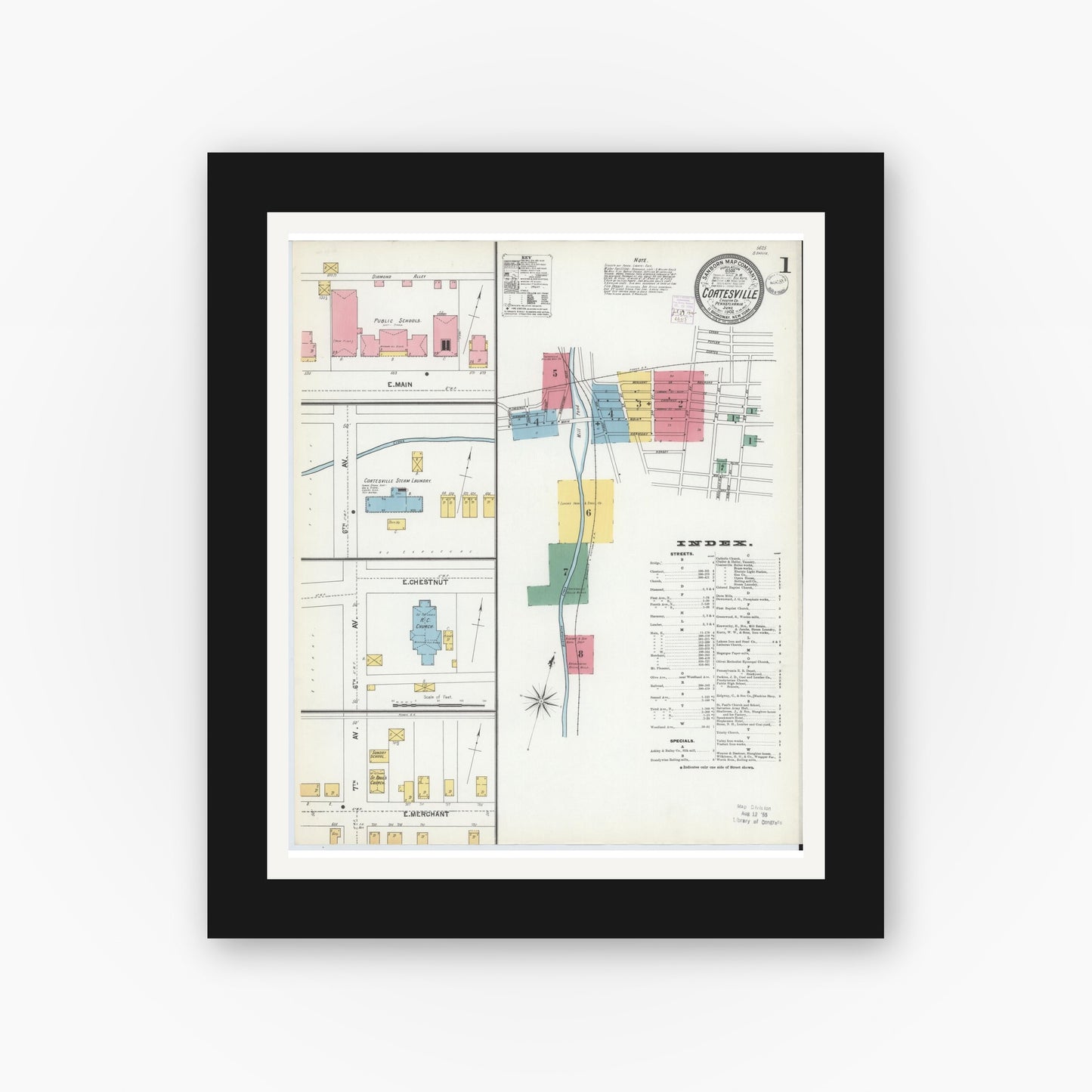 Old map wall art mockup — black gallery frame with white mat — Sanborn Fire Insurance Map from Coatesville, Chester County, Pennsylvania (1902), Sheet #0001