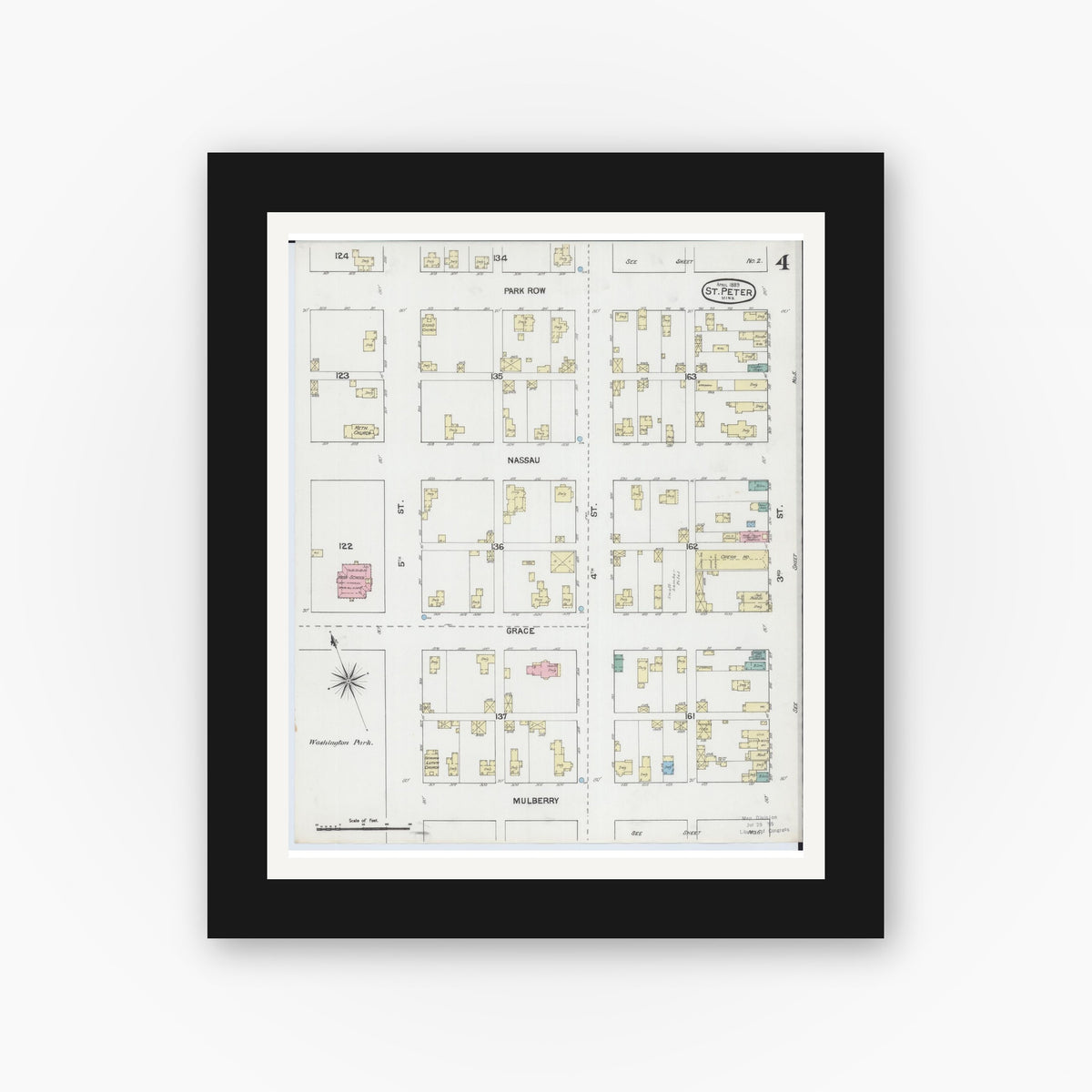 Old map wall art mockup — black gallery frame with white mat — Sanborn Fire Insurance Map from Saint Peter, Nicollet County, Minnesota (1889), Sheet #0004